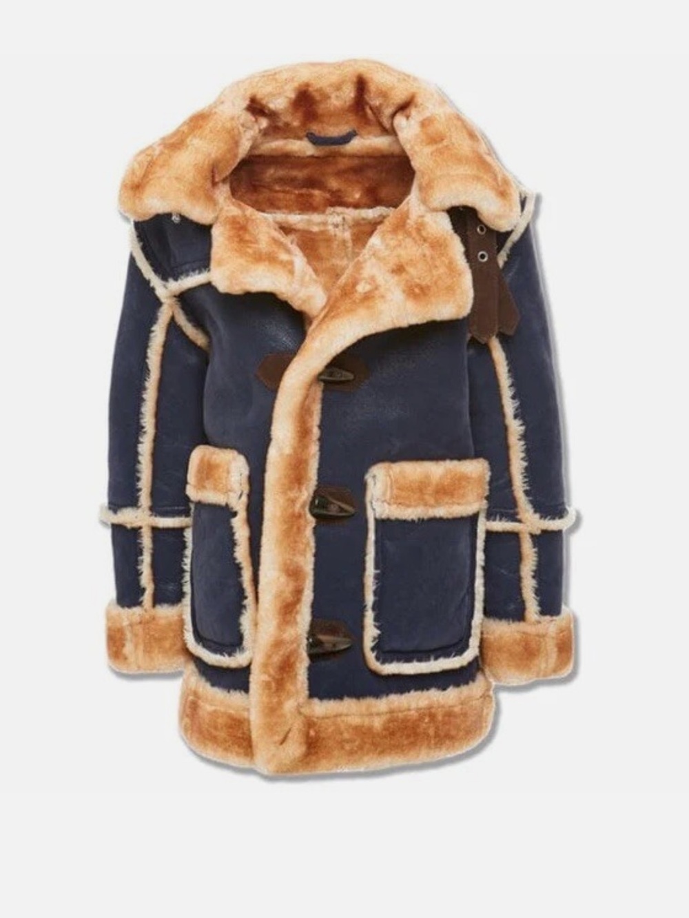 Jordan Craig Navy and Tan Faux Shearling Toggle Pea Coat